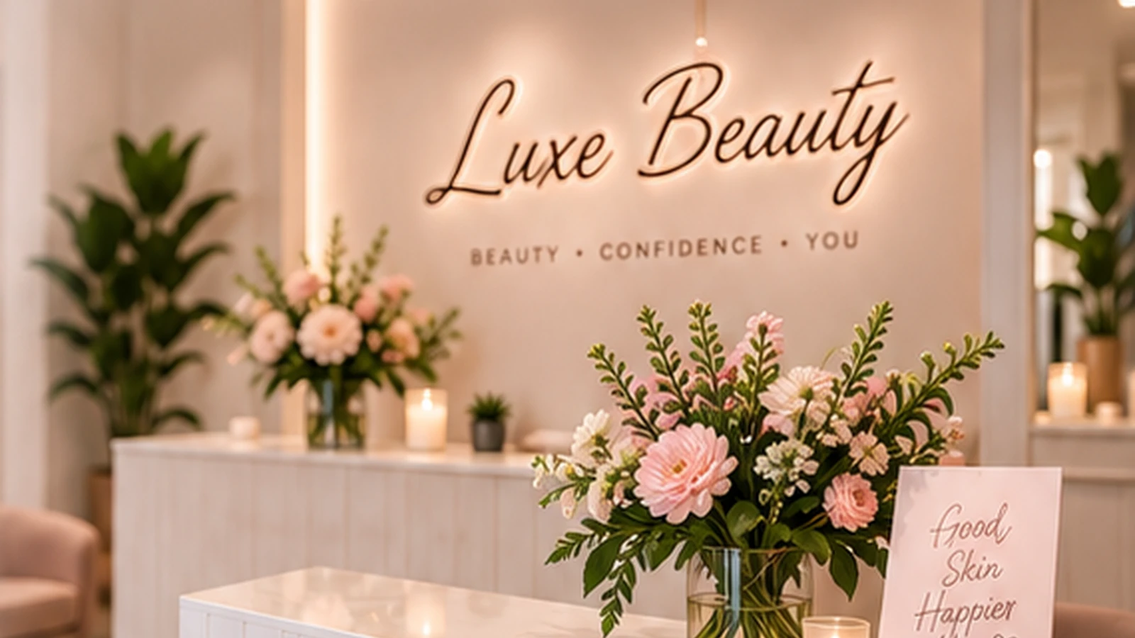 Luxe Beauty salon reception and flowers